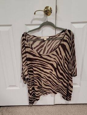 Michael Kors Beige and Brown Zebra-Print Scoop Neck Tee
